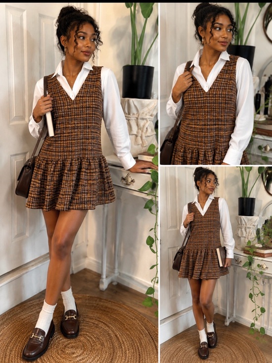 Cider Dresses & Skirts - VTG Fall Dark academia 90s Preppy Cider Brown Plaid V-Neck Ruffle Hem Mini Dress
